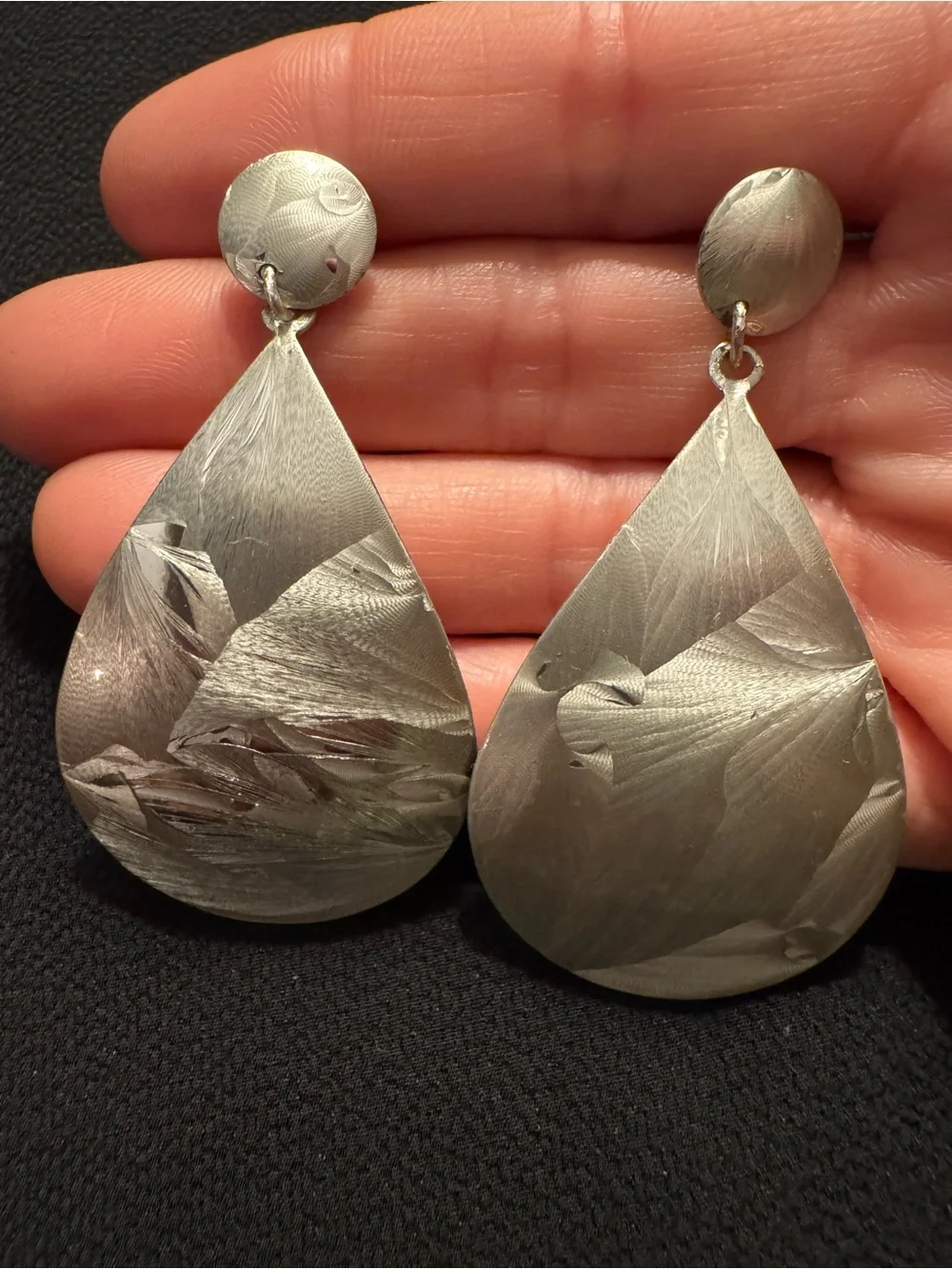 Silver Diamond Cut Textured Teardrop Statement Earrings - 2”